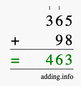 Calculate 365 + 98 using long addition