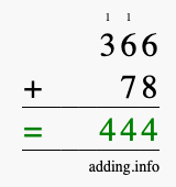 Calculate 366 + 78 using long addition