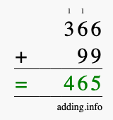 Calculate 366 + 99 using long addition