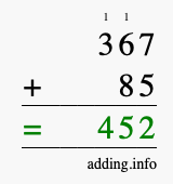 Calculate 367 + 85 using long addition