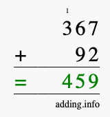 Calculate 367 + 92 using long addition