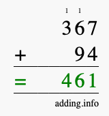 Calculate 367 + 94 using long addition