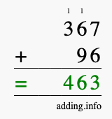 Calculate 367 + 96 using long addition