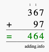Calculate 367 + 97 using long addition