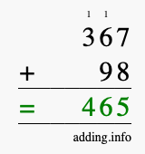 Calculate 367 + 98 using long addition