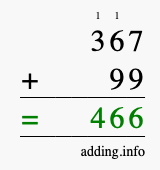 Calculate 367 + 99 using long addition