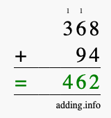 Calculate 368 + 94 using long addition
