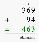 Calculate 369 + 94 using long addition