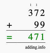 Calculate 372 + 99 using long addition