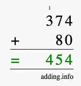 Calculate 374 + 80 using long addition