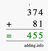 Calculate 374 + 81 using long addition