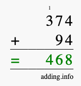Calculate 374 + 94 using long addition