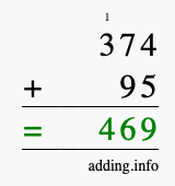 Calculate 374 + 95 using long addition