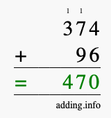 Calculate 374 + 96 using long addition
