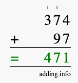Calculate 374 + 97 using long addition