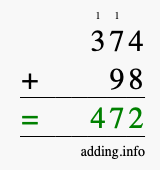 Calculate 374 + 98 using long addition