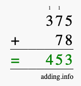 Calculate 375 + 78 using long addition