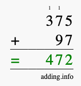 Calculate 375 + 97 using long addition