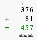 Calculate 376 + 81 using long addition