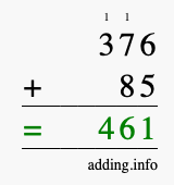 Calculate 376 + 85 using long addition