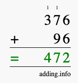 Calculate 376 + 96 using long addition