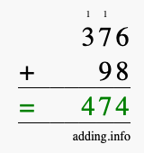 Calculate 376 + 98 using long addition