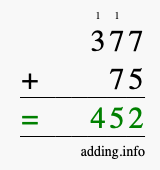 Calculate 377 + 75 using long addition