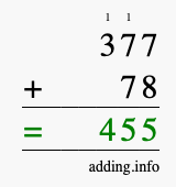 Calculate 377 + 78 using long addition