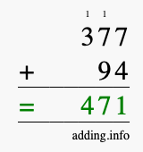 Calculate 377 + 94 using long addition