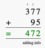 Calculate 377 + 95 using long addition