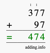 Calculate 377 + 97 using long addition