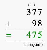 Calculate 377 + 98 using long addition