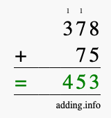 Calculate 378 + 75 using long addition
