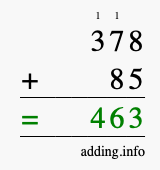 Calculate 378 + 85 using long addition