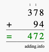 Calculate 378 + 94 using long addition
