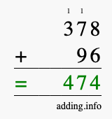 Calculate 378 + 96 using long addition