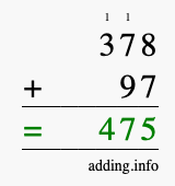 Calculate 378 + 97 using long addition