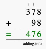 Calculate 378 + 98 using long addition