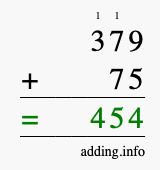 Calculate 379 + 75 using long addition