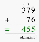 Calculate 379 + 76 using long addition