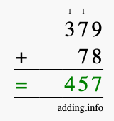 Calculate 379 + 78 using long addition