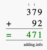 Calculate 379 + 92 using long addition