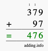 Calculate 379 + 97 using long addition
