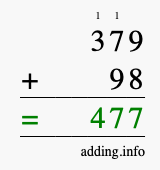 Calculate 379 + 98 using long addition