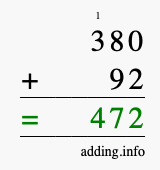 Calculate 380 + 92 using long addition