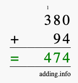 Calculate 380 + 94 using long addition
