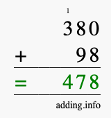 Calculate 380 + 98 using long addition