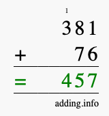 Calculate 381 + 76 using long addition