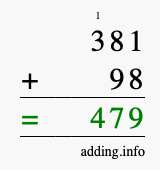 Calculate 381 + 98 using long addition