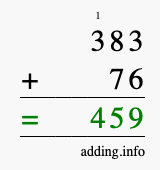 Calculate 383 + 76 using long addition